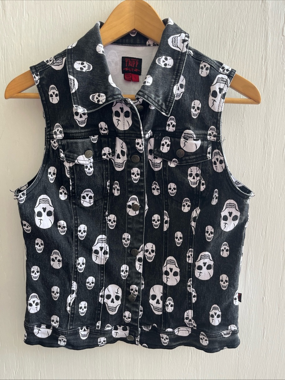 TRIPP NYC Toxic Skull Jean Jacket Vest Skeleton Black Stretch Goth Punk Size L